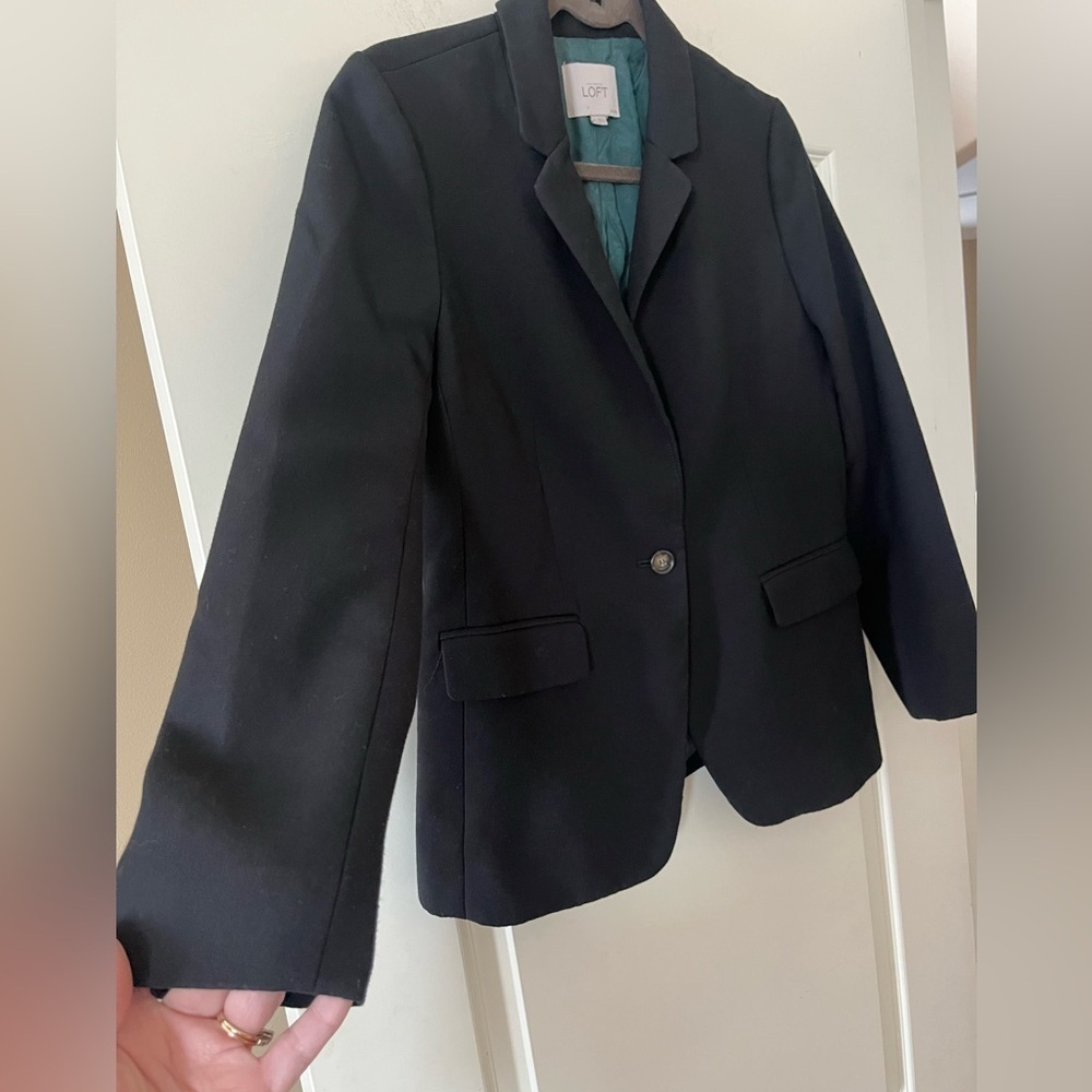 Loft Black Blazer Suit Jacket One Button Closure with Teal Lining Size 8 Petite - Picture 8 of 15